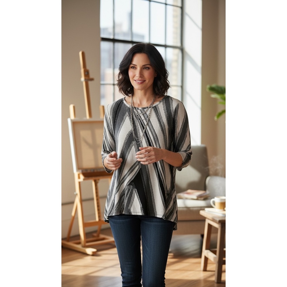 Simply Vera Vera Wang Womens XS Gray Black Abstract Frayed‎ 3/4 Sleeve Tunic Top